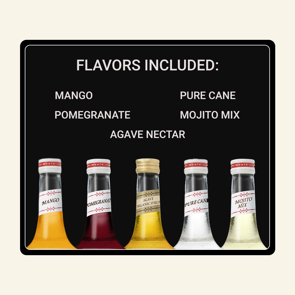 Monin - 5 Flavor Classic Cocktail Collection: Pomegranate, Mojito, Agave Nectar, Mango, and Pure Cane Syrups, Great for Classic Happy Hour Cocktails, Non-GMO, Gluten-Free (50 ml per bottle)