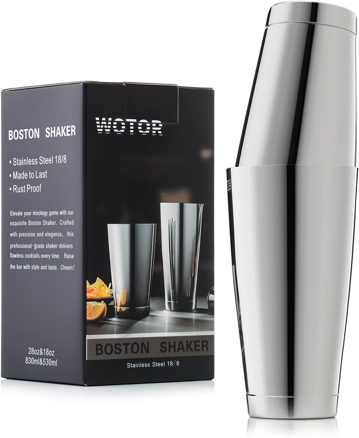 WOTOR Boston Cocktail Shaker Set, 18 oz & 28 oz Stainless Steel Weighted Shaker Tins, Metal Martini Shaker Drink Mixer for Bartending, professional Bar Tools for Bartender （Sliver） - Silver / 1 pack