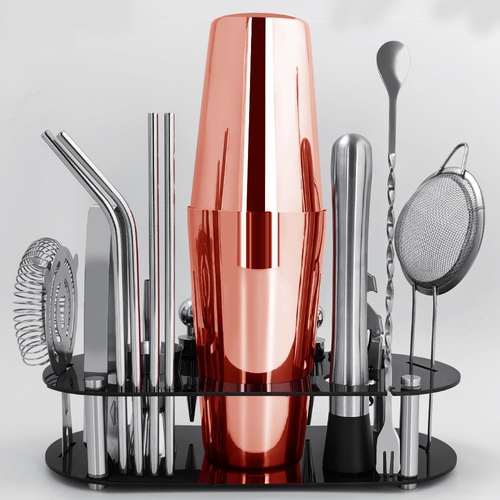 Cocktail Shaker Set Bartender Kit with Stand - 16 Piece Bar Tool Set Drink Mixer Set Includes : Shakers, Jigger, Strainer, Mixer Spoon, Muddler, Liquor Pourers, Straw (Rose Gold-25/20oz)