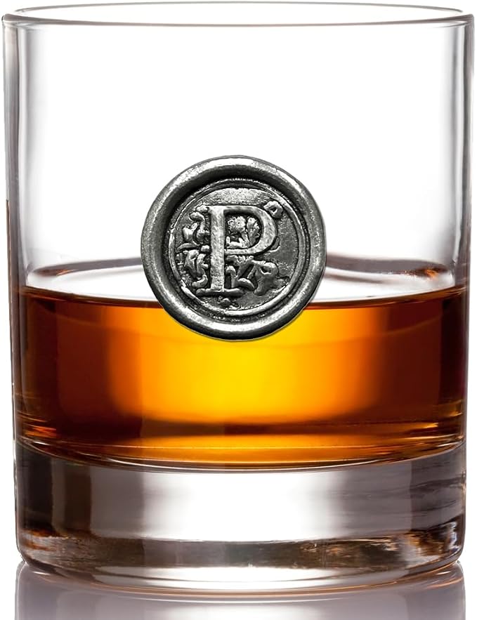 English Pewter Company 11oz Old Fashioned Whiskey Rocks Glass With Monogram Initial - Unique Gifts For Men - Personalized Gifts With Your Choice of Initial (R) MON118 - P