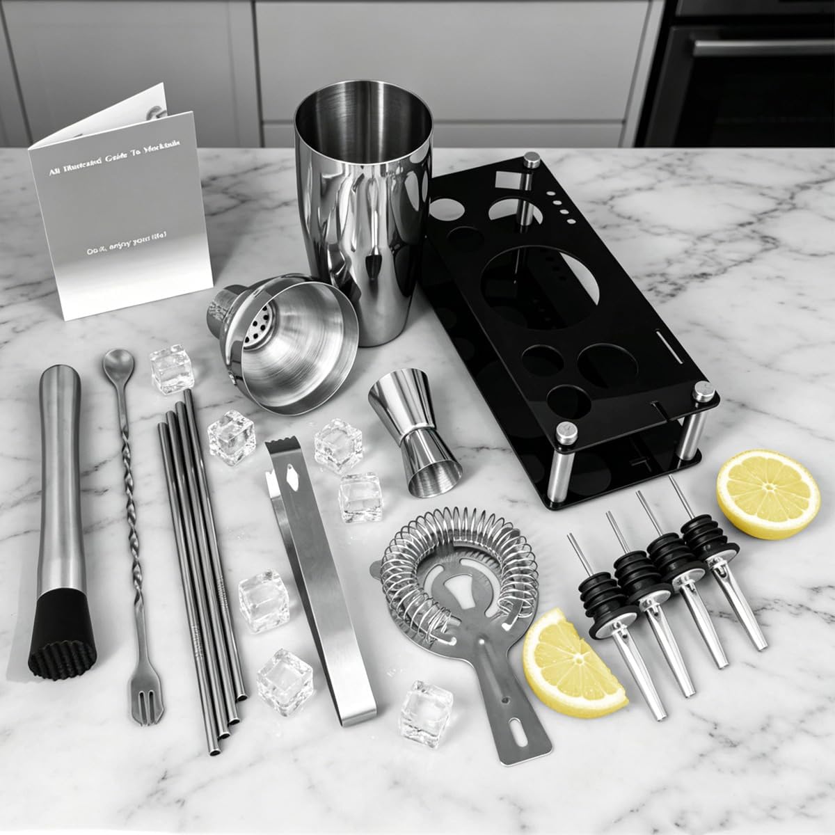 14-Piece Cocktail Shaker Set Bartender Kit with Black Stand, Bar Tool Set for Drink Mixing Bartending Kit Bar Sets Accessories: 750ml(25oz) Shaker, Jigger, Muddler, Cocktail Recipes (Silver)