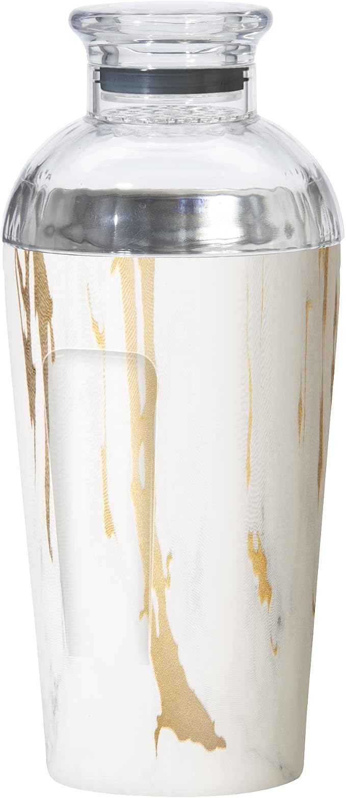 OGGI Groove Insulated Cocktail Shaker-17oz Double Wall Vacuum Insulated Stainless Steel, Tritan Lid has Built In Strainer, Ideal Cocktail Mixer, Martini Shaker, Margarita Shaker, Stainless - White Gold Marble