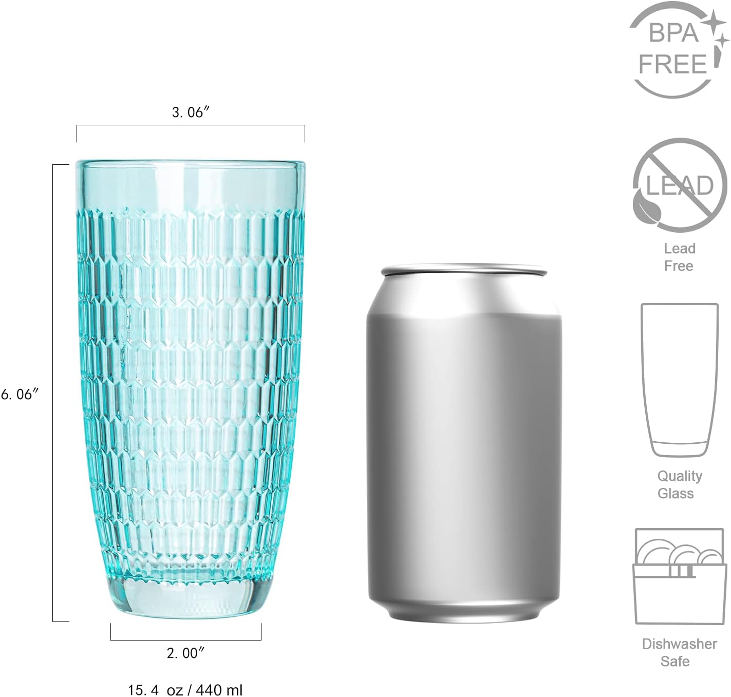 CREATIVELAND Highball Beverage Glasses Set of 6 TURQUOISE Colored Thick & Heavy Base Big Capacity 14.87oz|440ml, Drinking Glass Tumbler for Iced Tea, Water, Soda & Juice and Cocktails etc
