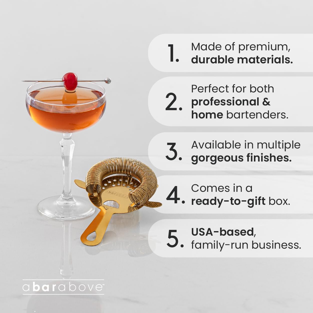 A Bar Above Cocktail Strainer, 4-Prong Bar Strainer with High Density Spring for Smooth Pouring, Fits Boston Shaker Tins and Mixing Glasses, Bar Essentials for Home Bartenders and Pros, Black Finish