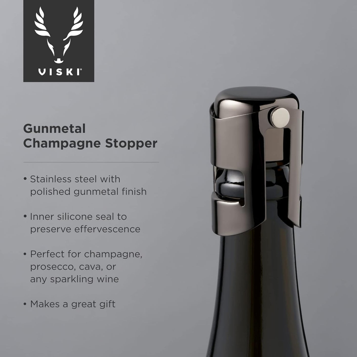 Viski Gunmetal Champagne Stopper, Sparkline Wine Keeper, Champagne Sealer, Prosecco stopper, Champagne Lovers Gifts, Set of 1, Black