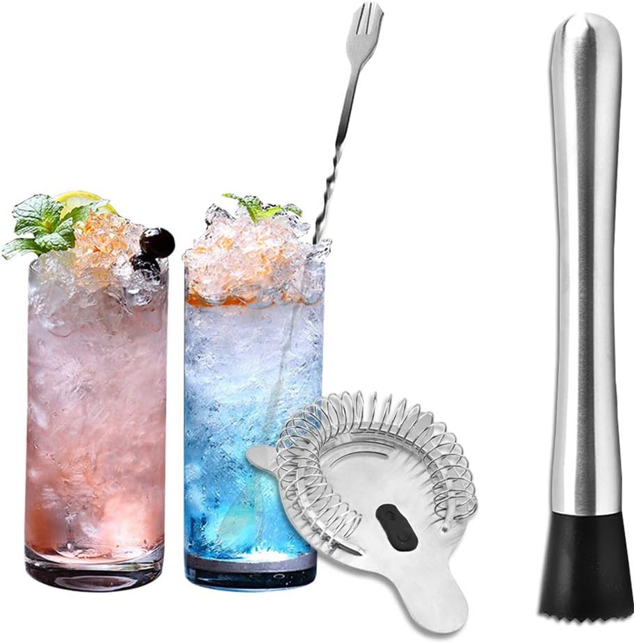 SENHAI Stainless Steel Cocktail Muddler, Spiral Mixing Spoon & 4-Prong Bar Strainer, Home Bar Bartender's Muddling Tool Set
