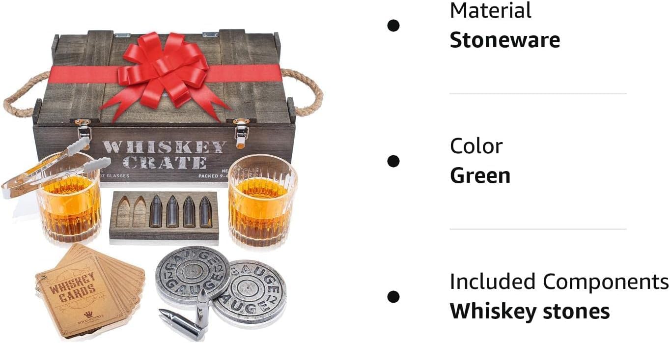 Bullet Whiskey Stones Gift Set by Royal Reserve - Artisan Crafted Bourbon Glasses, Coasters, Crate – Whiskey Gifts - Birthday Gift for Men, Husband, Him, Dad, Boyfriend, Ranger, Hunter