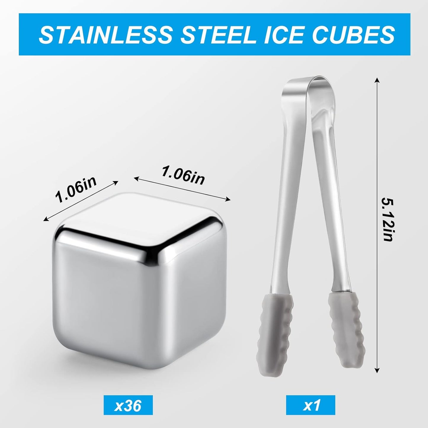 Yexiya 36 Pcs Reusable Stainless Steel Ice Cubes with Tongs Whiskey Cubes Vodka Metal Rocks Tool Ice Stones Rocks for Summer Drinks Chilling Whiskey Iced Coffee Vodka Liqueurs Wine Not Solid