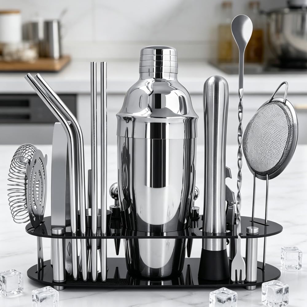 Cocktail Shaker Set Bartender Kit with Stand - 16 Piece Bar Tool Set Drink Mixer Set Includes : 25oz Shakers, Jigger, Strainer, Mixer Spoon, Muddler, Liquor Pourers, Straw (Silver)
