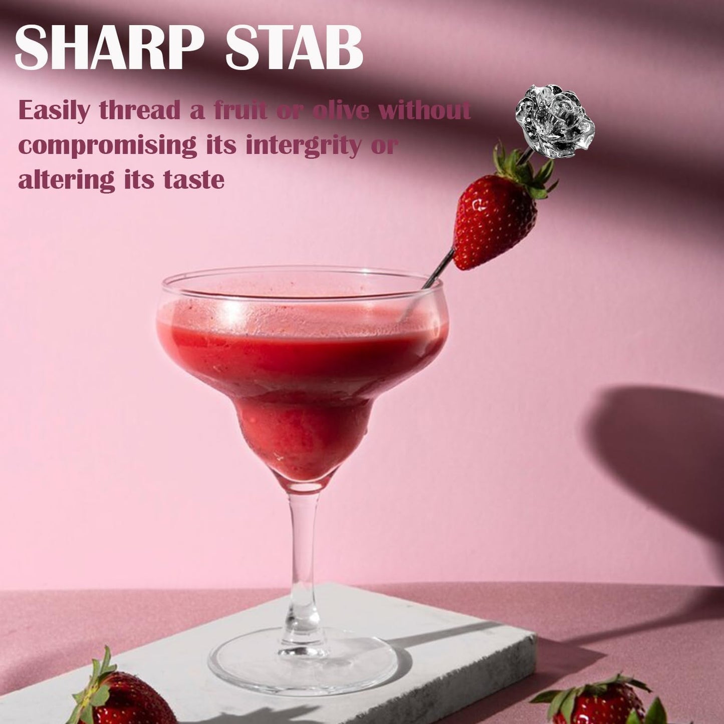 Rose Cocktail Picks for Drinks 4 Inch Stainless Steel Reusable Martini Picks Cocktail Garnish Skewers for Olive, Twist, Berry, Beach Style Decor 6-Piece