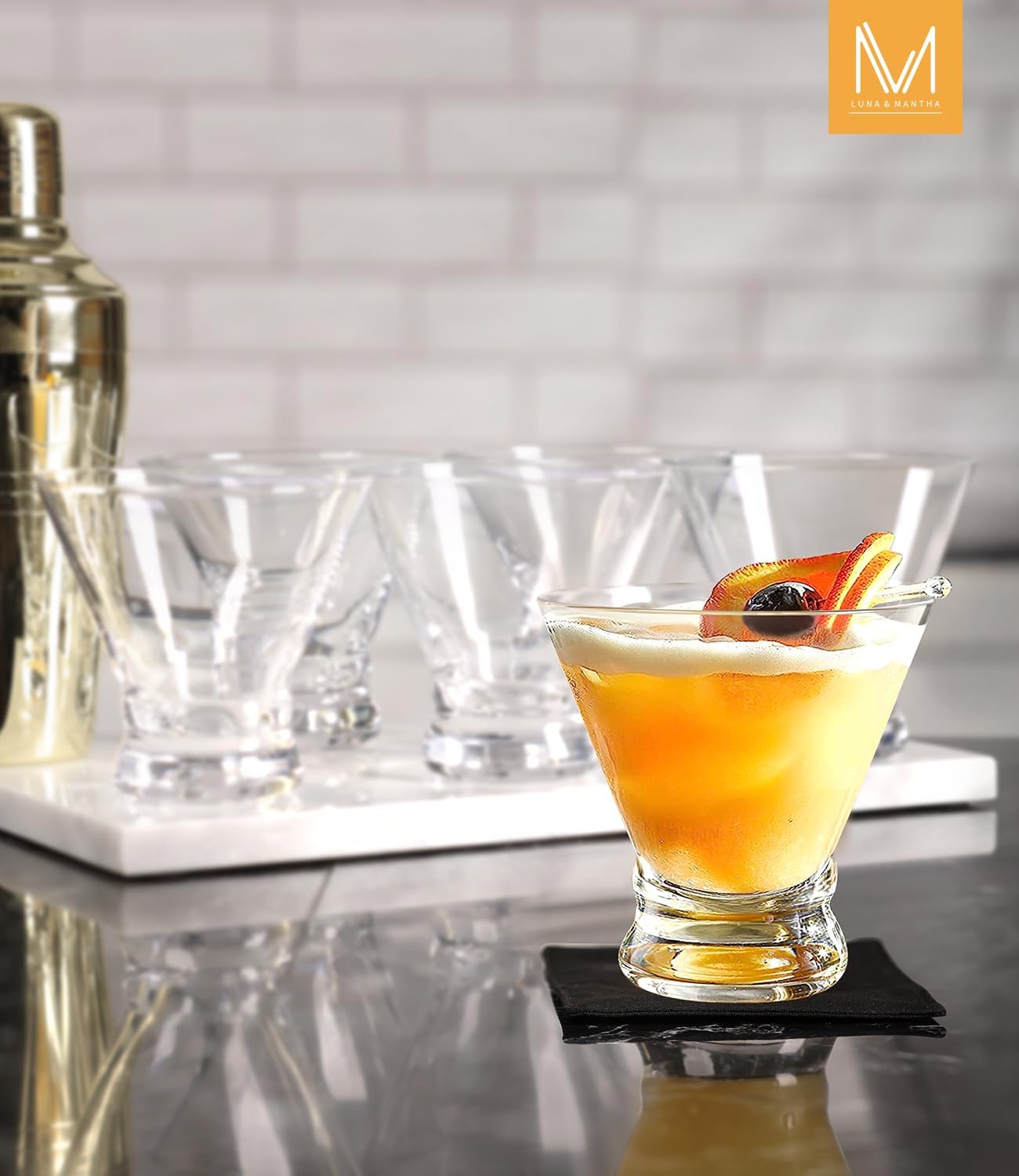 LUNA & MANTHA Martini Glasses, Martini Cocktail Glasses for Margarita, Manhattan, Cosmopolitan, Espresso, Home Bar, Evening Parties, Birthdays, Housewarming Gift,Stemless Set of 4 8oz