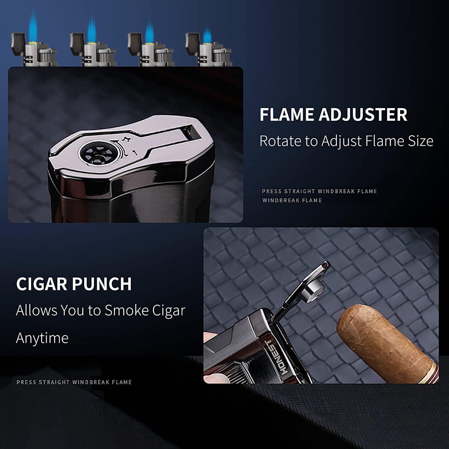 Metal Lighter Triple Jet Flame Refillable Butane Cigar Lighter Windproof Lighters with Cigar Punch Rest Holder - Butane Not Included (Gunmetal)