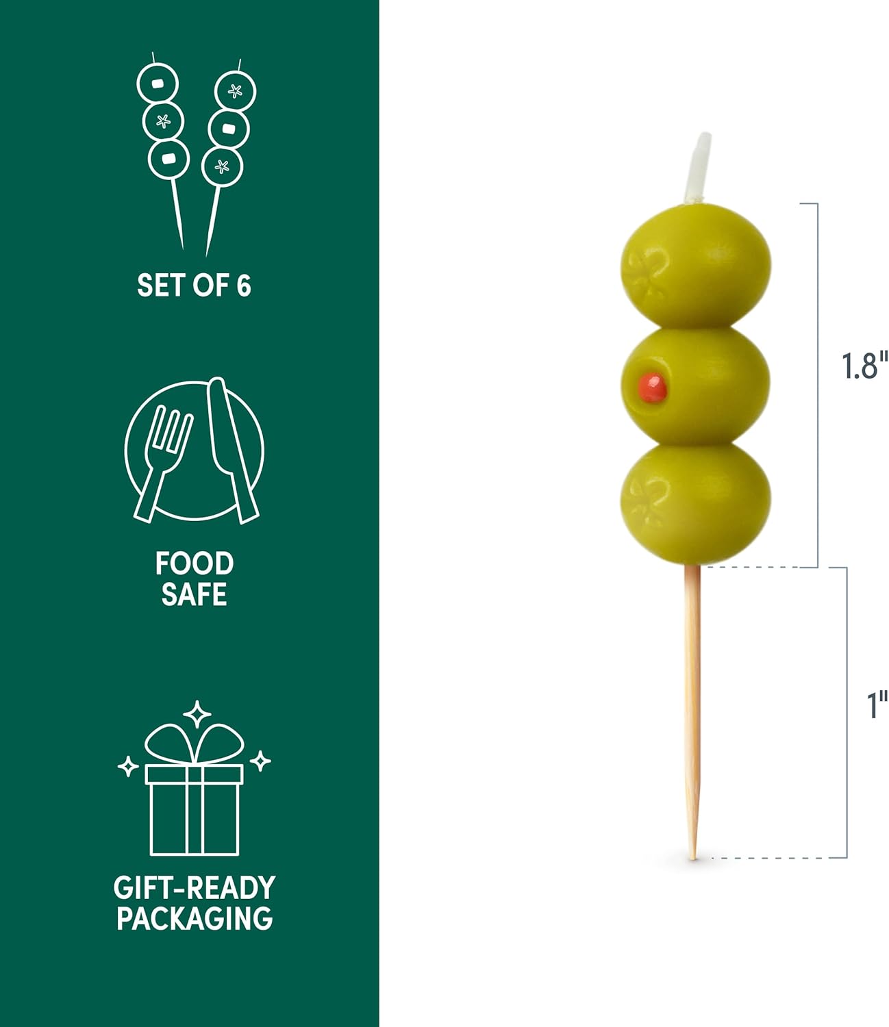 Genuine Fred Cocktail Party Olive Birthday Candles – Set of 6 Martini Olive Celebration Candles with Wooden Picks – Fun Decoration for Parties, Birthdays, and Happy Hour