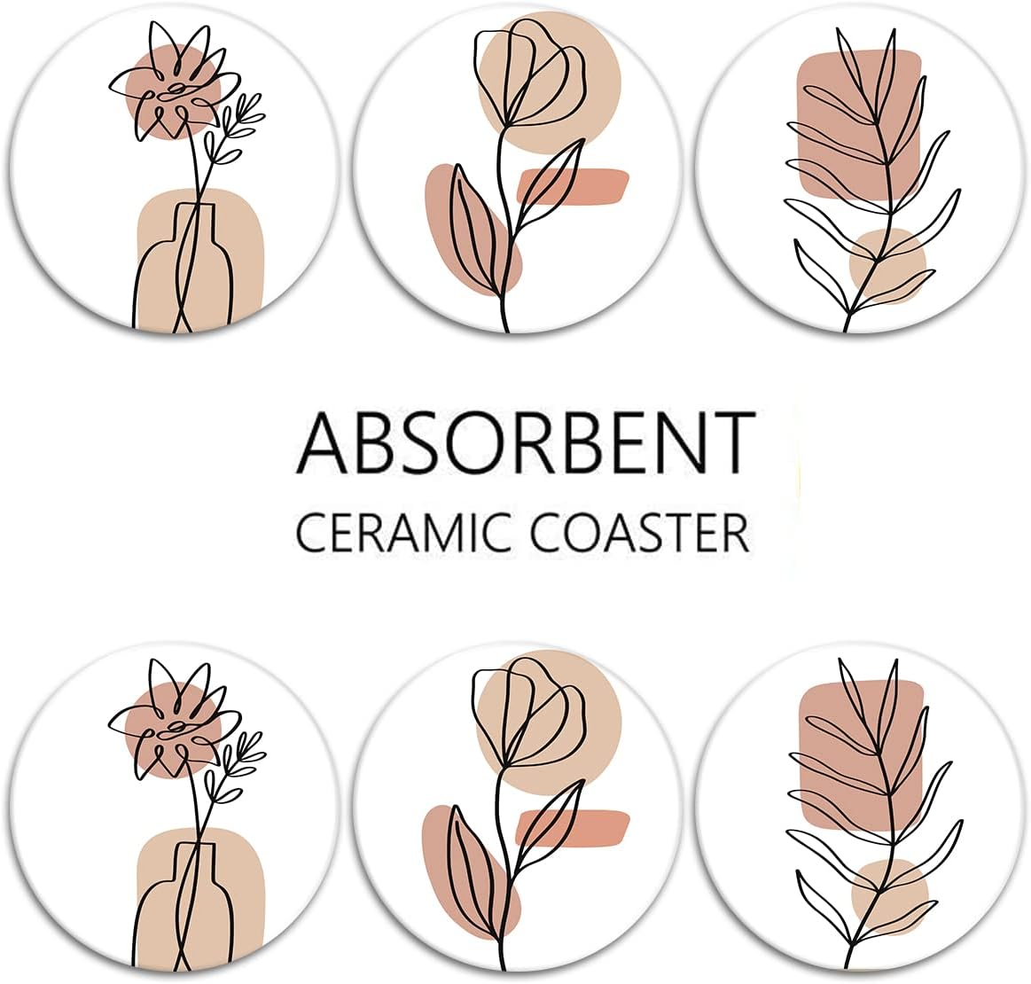 Britimes Table Coaster for Drinks Set of 6, Flowers Beauty Woman Boho One Coffee Absorbent Round Ceramic Stone Mat, with Cork Base and Metal Holder, Gift for Housewarming Room Bar Decor