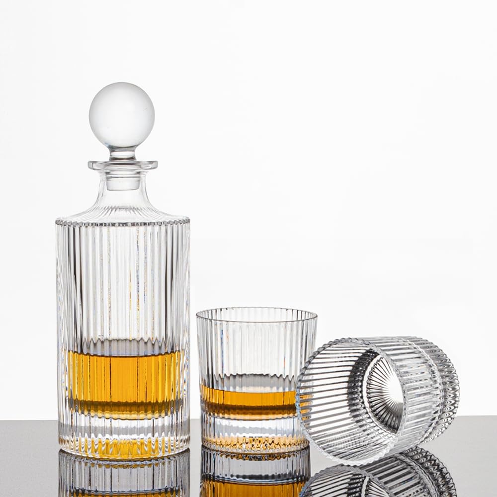 27Oz Whiskey Liquor Decanter Ribbed Set in Box,Decanter Set with 2 Glasses,Idea for Scotch Liquor,Whiskey Wine Decanter Suit for Men and Women Father Coworkers