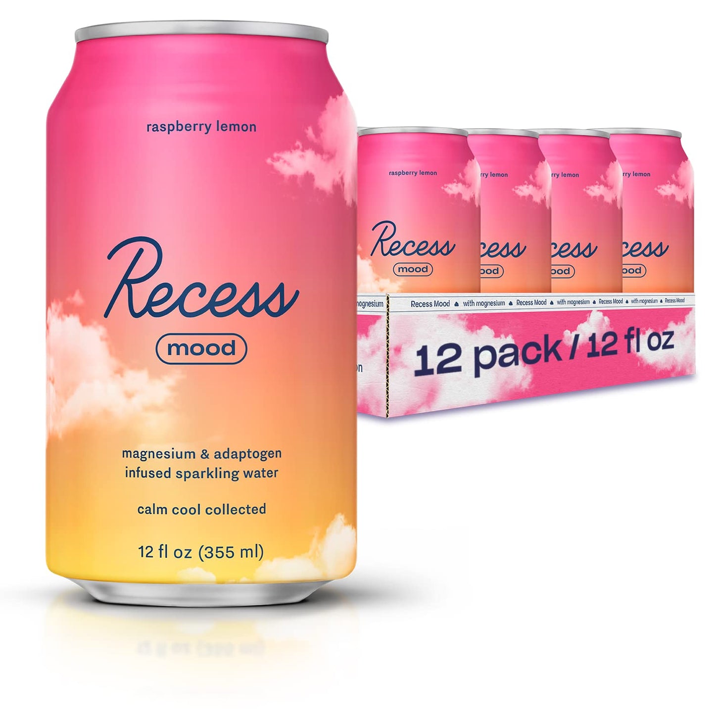 Recess Mood Magnesium & Adaptogen Drink, Calming Relaxation Beverage, 12 Ounce (Raspberry Lemon, 12 Pack)