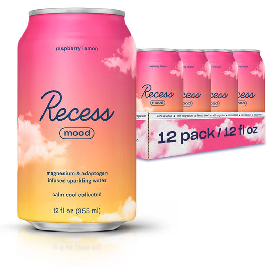 Recess Mood Magnesium & Adaptogen Drink, Calming Relaxation Beverage, 12 Ounce (Raspberry Lemon, 12 Pack)