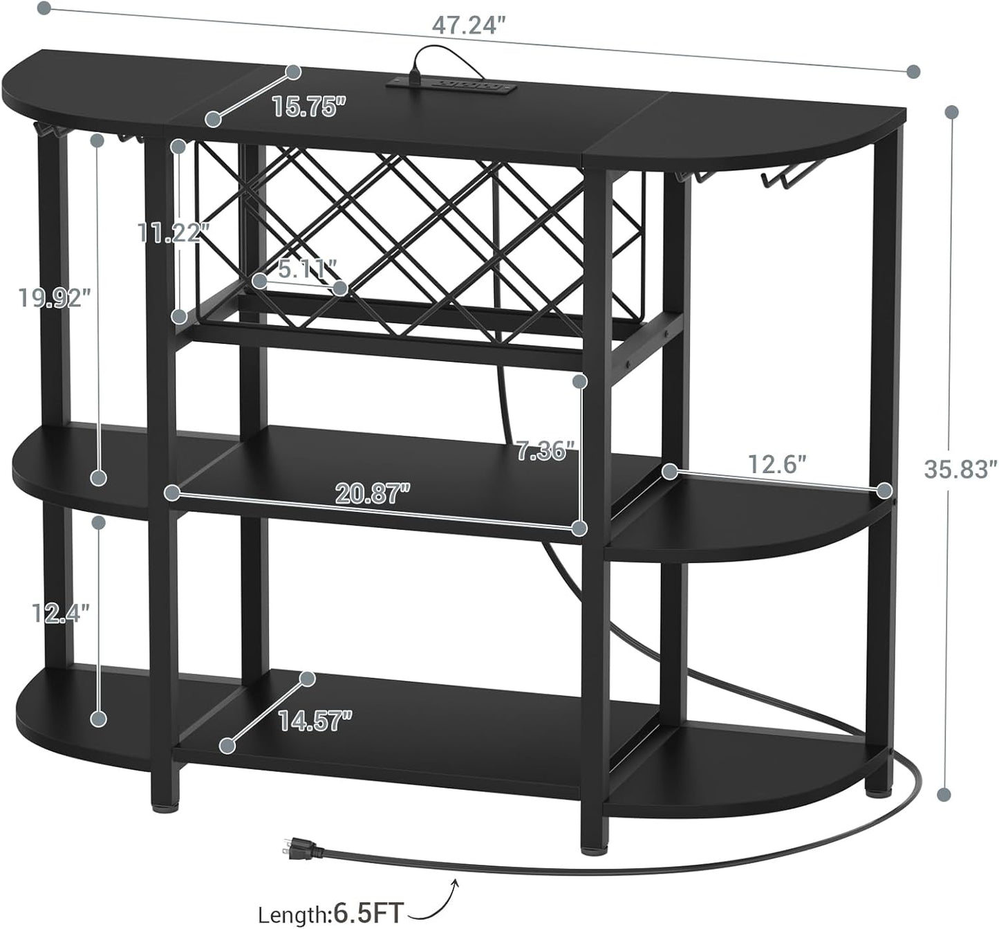 Unikito 4-Tier Metal Coffee Bar Cabinet with Outlet and LED Light, Freestanding Floor Bar Table for Liquor with Glass Holder and Wine Storage, Wine Table Bakers‘ Rack for Kitchen Dining Room, Black
