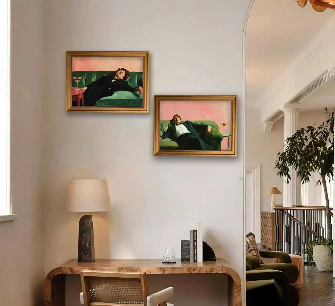 Vintage Gold Framed Bar Wall Art, Victorian Woman and Man on Couch with Martini Oil Painting Canvas Prints, Eclectic Cocktail Picture, Trendy Bar Cart Decor Poster Artwork for Kitchen Dining Room