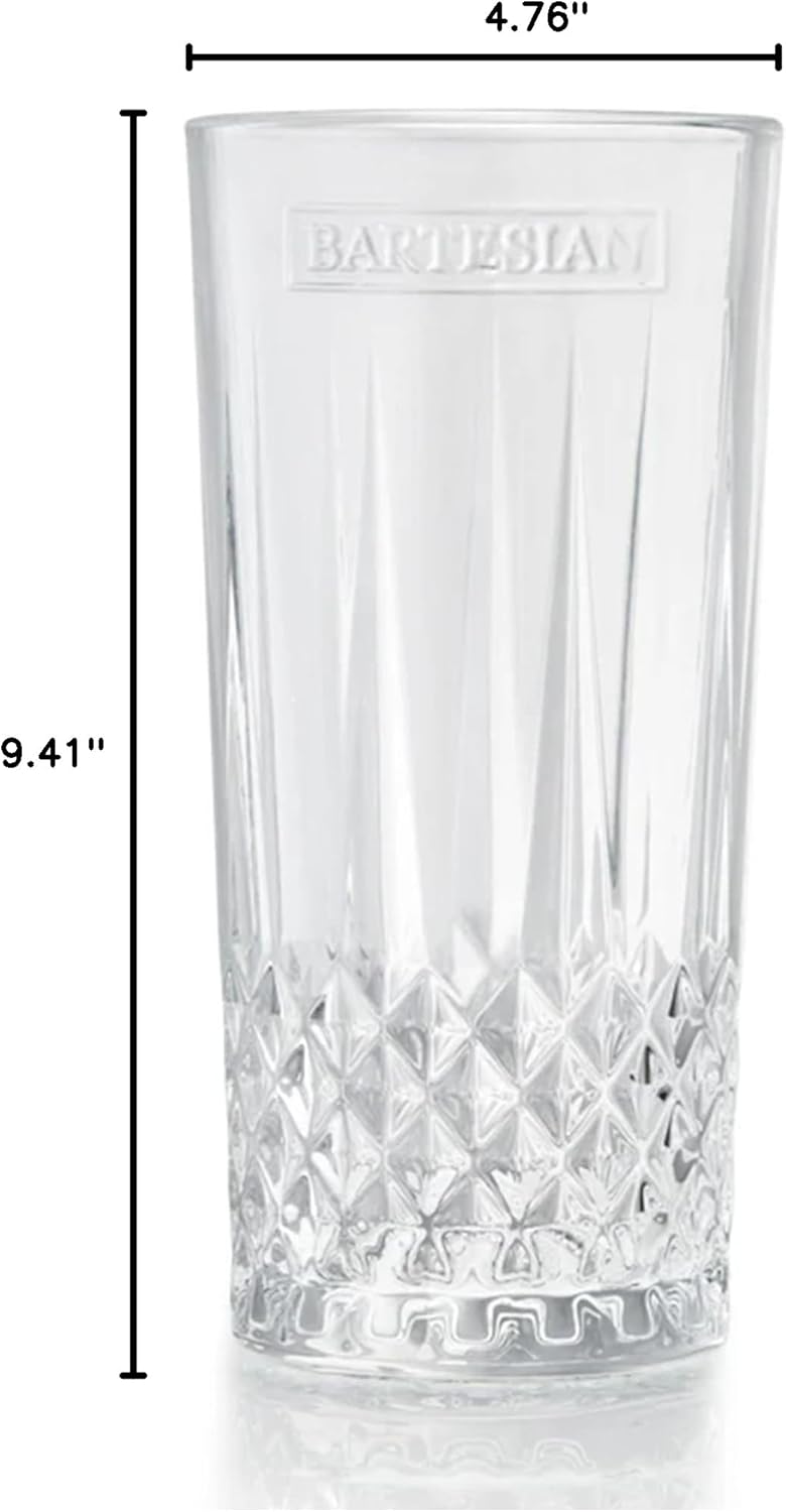 Bartesian Diamond Etched Highball Glasses - 10.5 Oz Tall High Ball Collins Glass Set for Mixed Cocktails & Mocktails - Classy Home Bar Mixing Glassware with Luxurious Gift Packaging - Set of 2