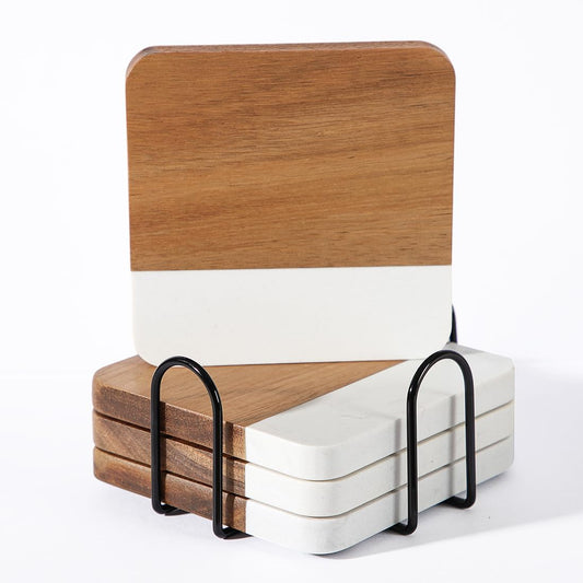 Acacia Wood Marble Coasters for Drinks with Holder Set of 4, Square Non-Slip Wooden Stone Coaster Coffee Table Accessories Manly Coaster for Men Coffee Table, Bar, Office - Rustic Modern Style