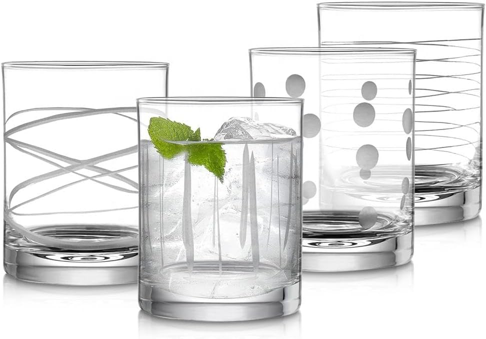 Joeyan Hand Blown Etched Whiskey Glasses,Old Fashioned Tumblers with Stripes Dots Pattern,Clear Carved Rocks Glasses,Scotch Bourbon Glassware for Party Anniversary,13.5 oz,Set of 4,Dishwasher Safe