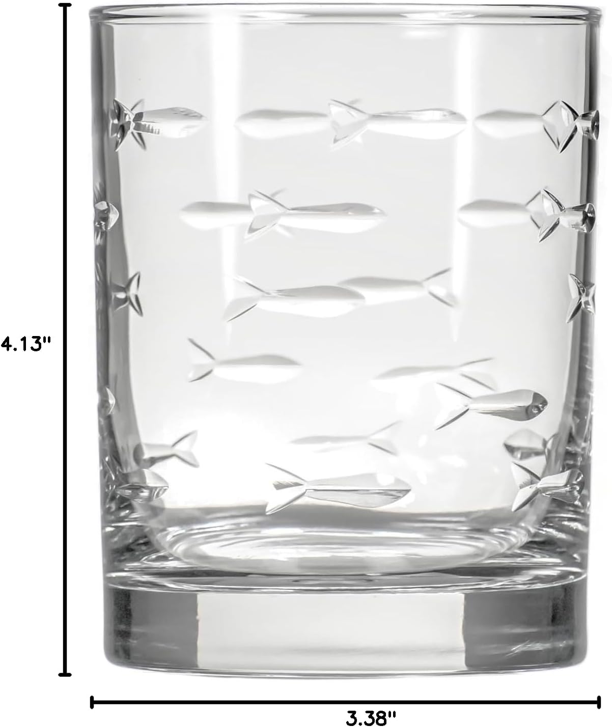Rolf Glass School of Fish 13 oz Double Old Fashioned Whiskey Cocktail Glass | Set of 2 | Engraved Lead-free Tumbler Glasses | Made in the US
