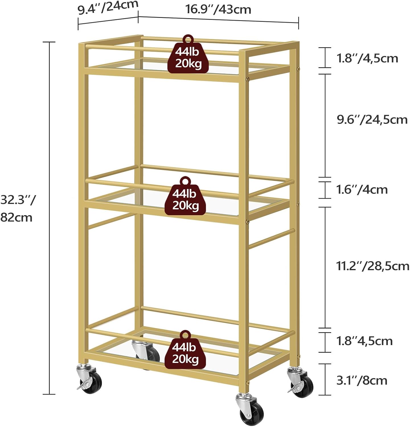 MAHANCRIS Bar Cart for The Home, 3-Tier Drink Cart on Wheels, Home Bar Serving Cart, Mini Bar Cart for Small Space, Kitchen, Dining Room, Gold RCJ40B01