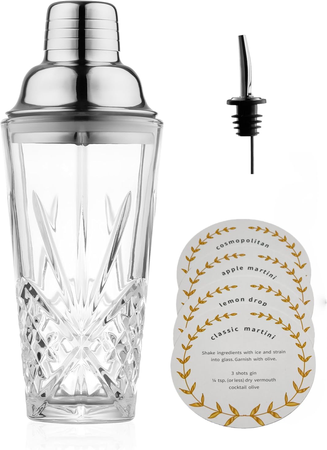 Cut Crystal Cocktail Shaker Set (15oz Lead-Free Crystal Mixer with Stainless Steel Lid & Pour Spout & 4 Recipe Coasters) Premium Bar Tool for Home Bar