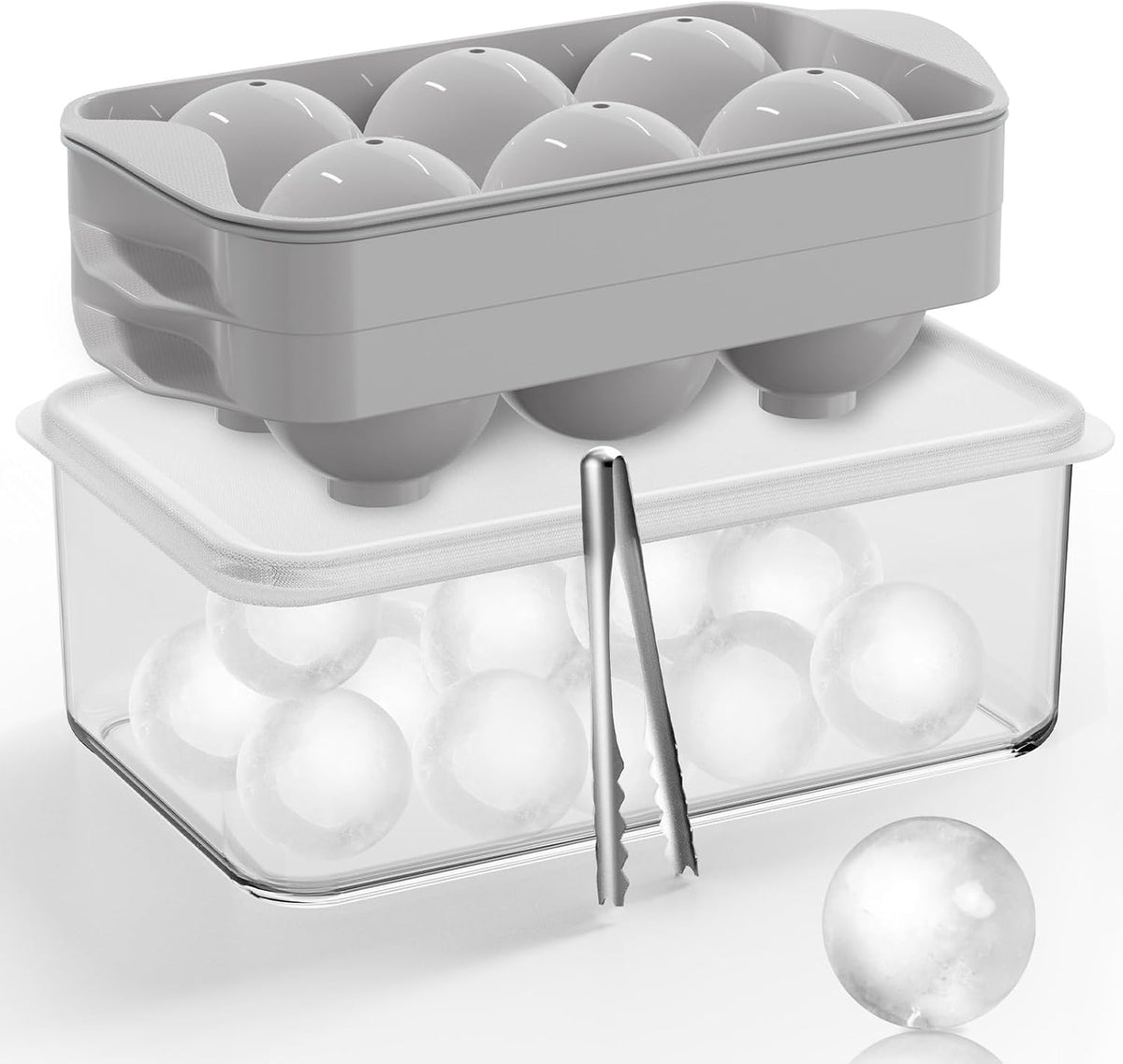 Round Ice Cube Mold with Lid, 2.2 Inch Large Whiskey Ice Ball Maker - 1.9"-12 Ice Ball-Light Gray