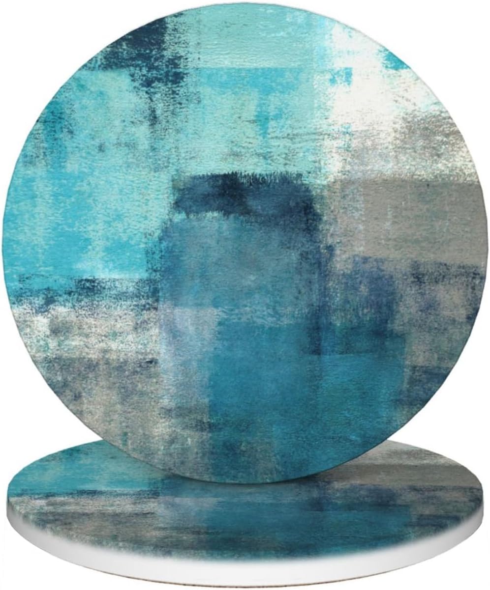 Coasters Set of 2 Turquoise and Grey Absorbent Ceramic Coasters for Drinks Round Stone Non-Slip Coffee Table Housewarming Gifts for Table Protection Home Decor, Teal