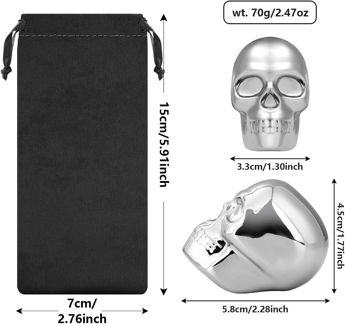 Skull Head Stainless Steel Ice Cubes Mold, Whisky Stones Stainless Steel, Set of 2 with Gift Bag, Skull Head Cooling Stones, Whiskey Stones Reusable, Bar Accessories, for Whisky, Gin, Rum, Tequila