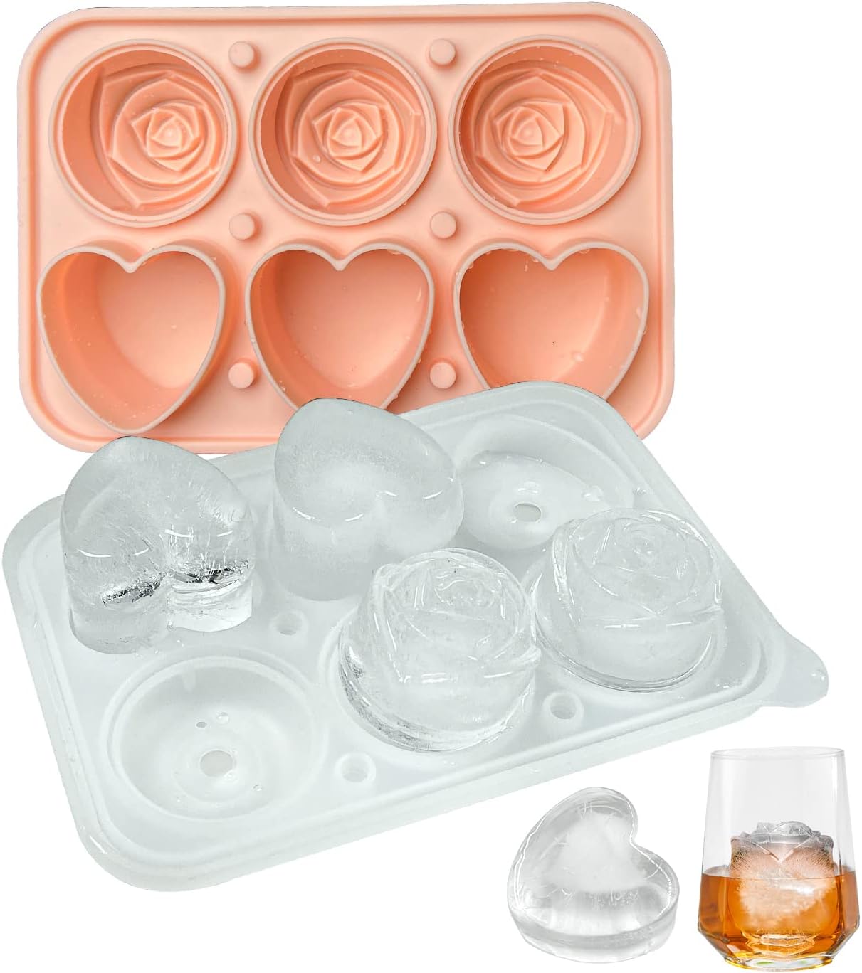 Rose Ice Cube Mold, Heart Shapes Ice Cube Tray, Silicone Ice Mold Fun Shapes with Clear Funnel-type Lid, 3 Heart & 3 Rose Ice Balls for Chilling Whiskey Cocktails Drinks, Pink