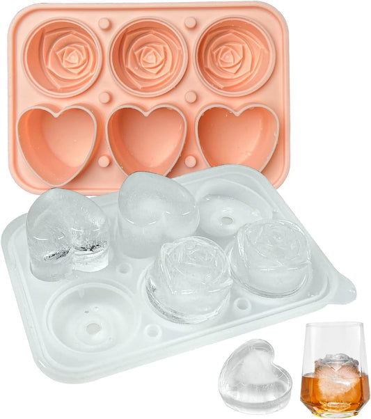 Rose Ice Cube Mold, Heart Shapes Ice Cube Tray, Silicone Ice Mold Fun Shapes with Clear Funnel-type Lid, 3 Heart & 3 Rose Ice Balls for Chilling Whiskey Cocktails Drinks, Pink