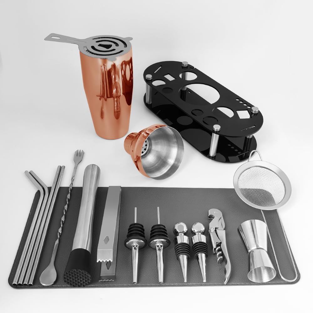 Cocktail Shaker Set Bartender Kit with Stand - 16 Piece Bar Tool Set Drink Mixer Set Includes : Shakers, Jigger, Strainer, Mixer Spoon, Muddler, Liquor Pourers, Straw (Rose Gold)