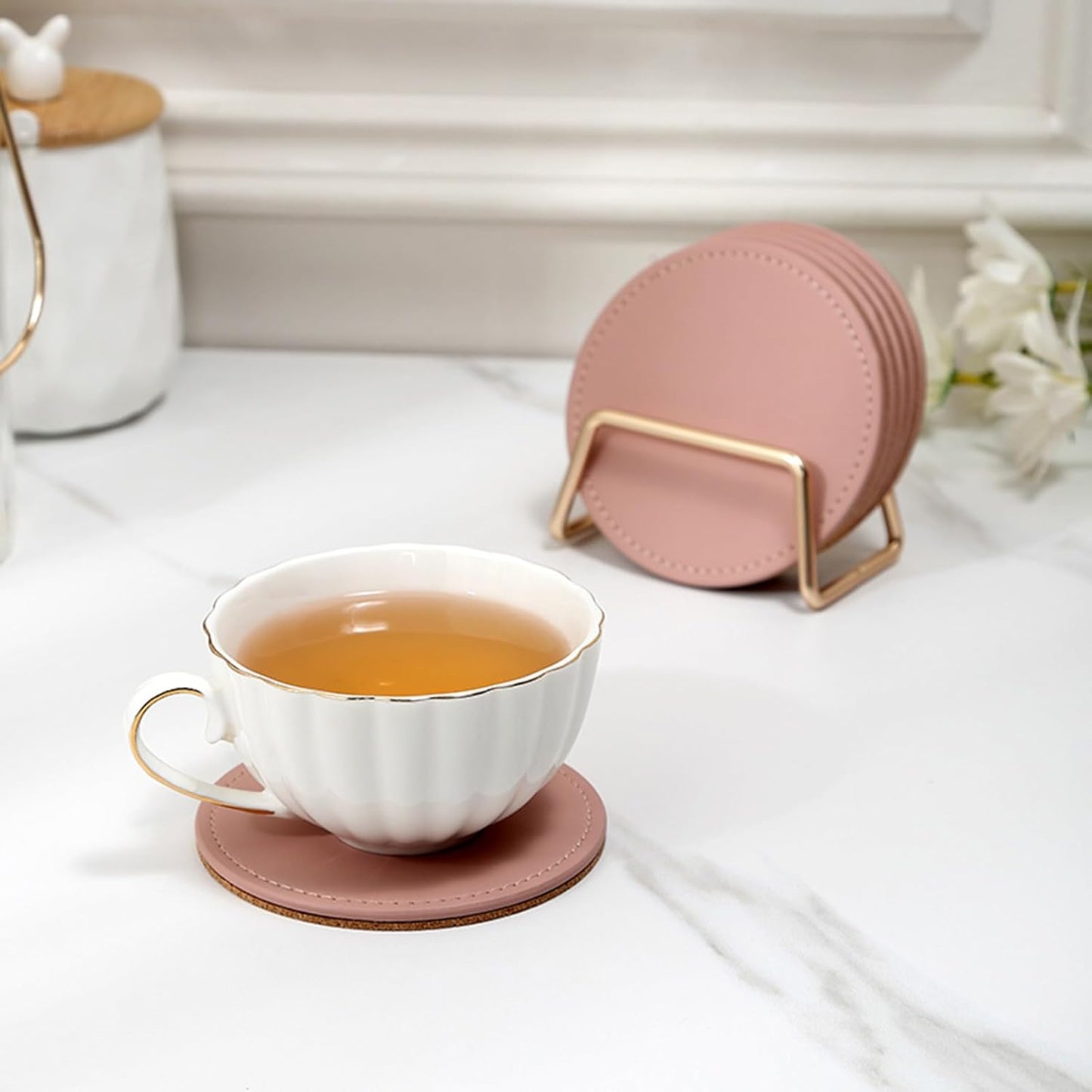 LAKE OF FIRE Coasters Set of 6 with Holder - 3.9-Inch Drink Coasters, Suitable for Various Types of Cups, Tabletop, and Home Décor(Pink)