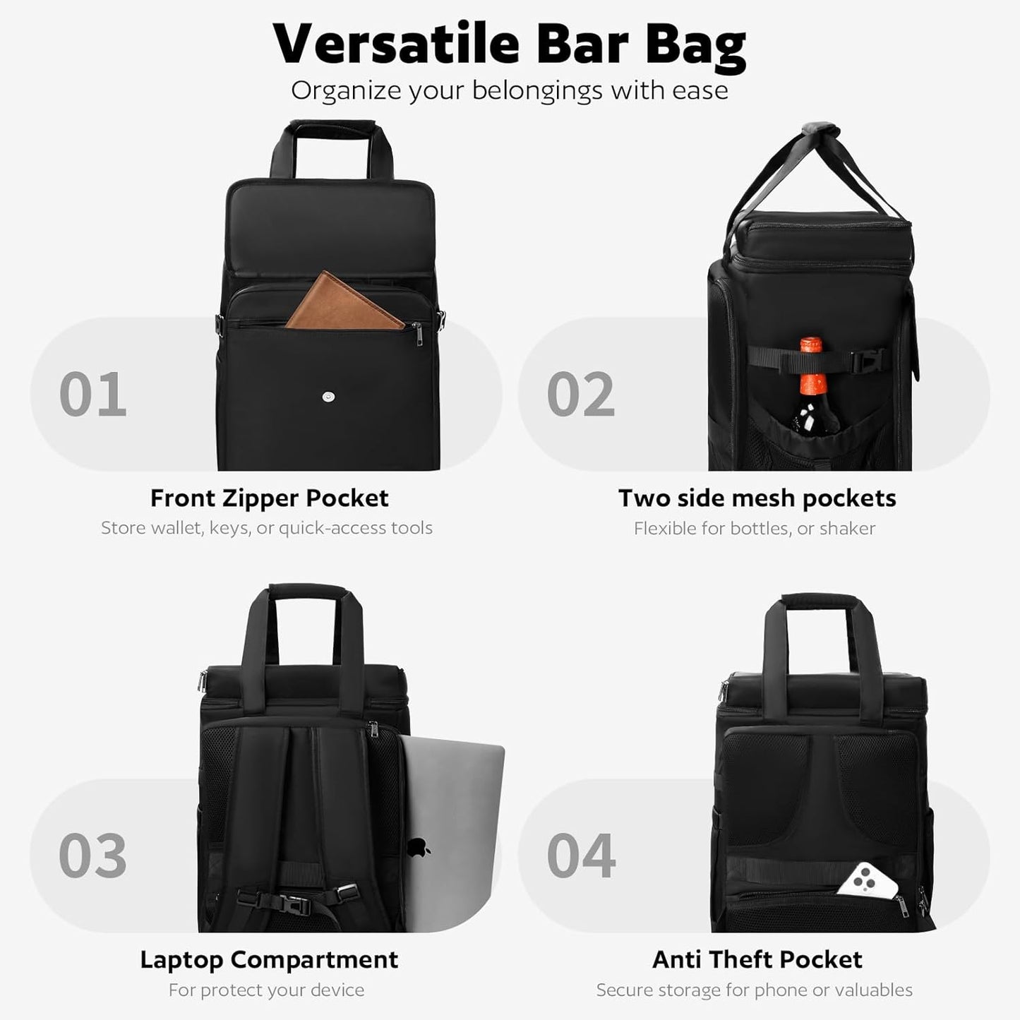 Bartender Bag, Leakproof Travel Bartender Kit Backpack for Carrying Bar Kit, Portable Bar Bag for Cocktail Shaker and 6 Wine Bottle, Professional Mixology Gift for Travel Home Party (Backpack Only)