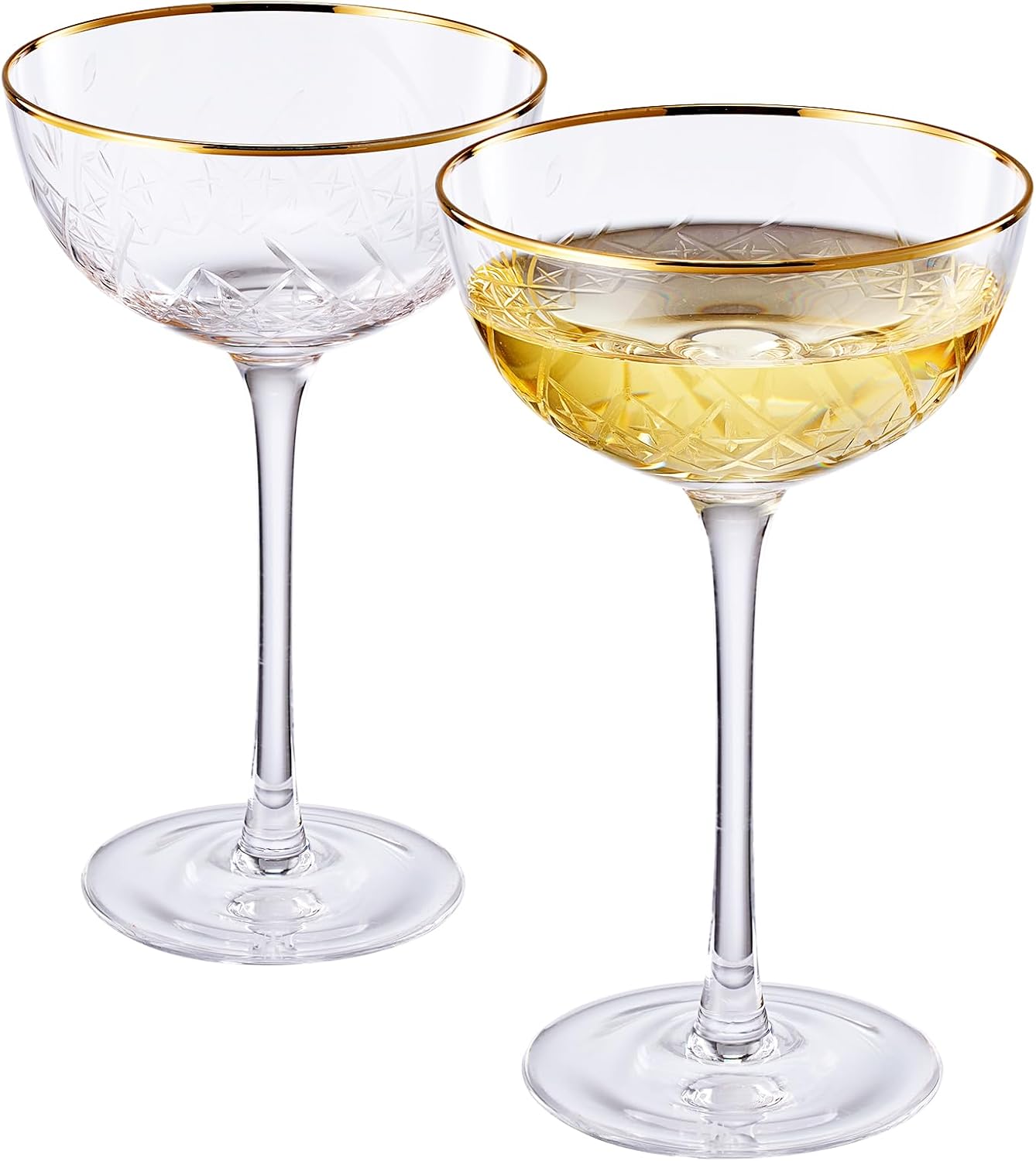 Vintage Art Deco Luxury Coupe Glasses, Cocktails, Martini, Margarita, In Premium Gift Box 24K Gold Rim | Set of 2 | 8 oz Classic Cocktail Glassware - Champagne, Manhattan, Cosmopolitan Crystal Goble