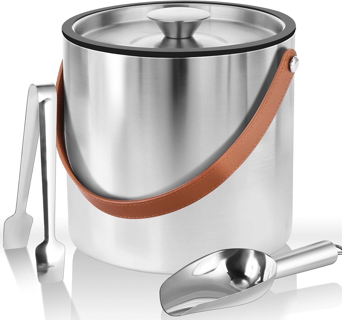 Bakpoco Double-Wall Vacuum Insulated Ice Bucket with Lid, Scoop, Ice Tong, Strainer & Leather Handle Keep Ice Frozen Longer Large Wine Ice Buckets for Cocktail Bar,Parties Chilling Beer Champagne 3L
