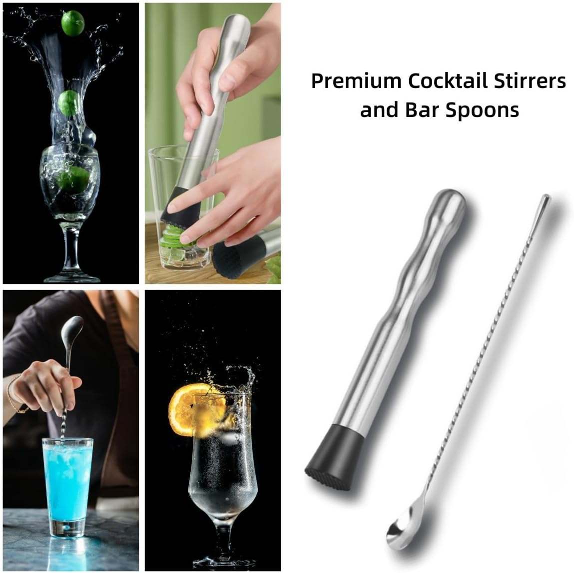 Stainless Steel Cocktail Muddler & Long Handle Stirring Spoon 2-Piece Set - Professional Bartender Tools for Mojitos, Fruit Drinks & Cocktail Mixing