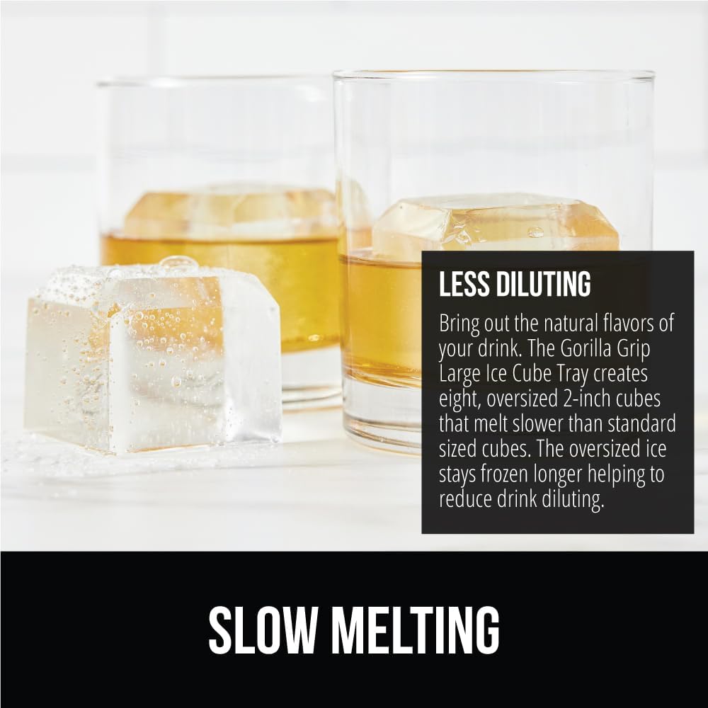 GORILLA GRIP Slow Melting Large Silicone Ice Cube Tray for Freezer, Easy to Push 8 Giant Square Cubes, Use for Cocktails, Iced Coffee, Water Bottle, Frozen Puree, Kitchen Bar Essentials, 1 Pack, Black