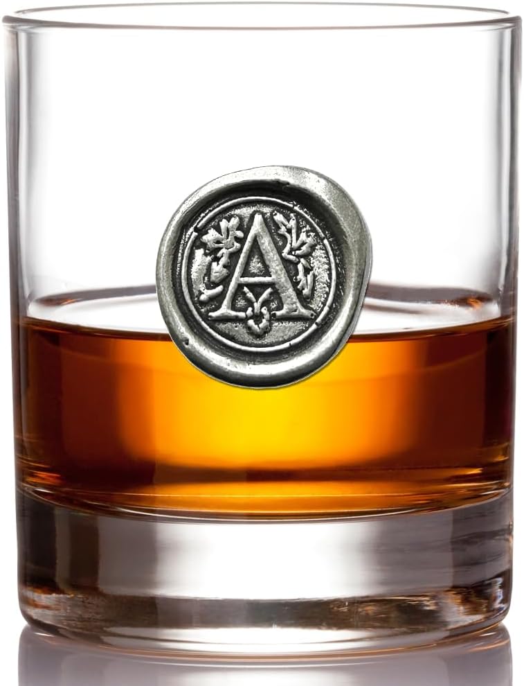 English Pewter Company 11oz Old Fashioned Whiskey Rocks Glass With Monogram Initial - Unique Gifts For Men - Personalized Gifts With Your Choice of Initial (A) MON101