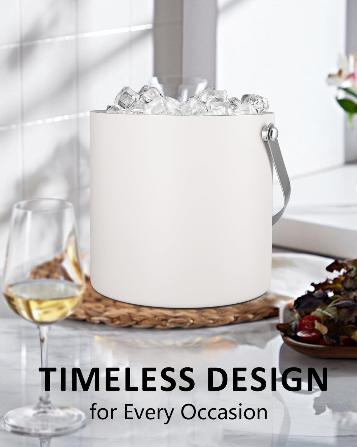 Bakpoco Insulated Ice Bucket with Silicone Lid, Scoop, Tongs & Strainer, 3L Stainless Steel Double Wall Ice Buckets for Parties & Cocktail Bar, Champagne Ice Bucket with Lid for Freezer, Ivory