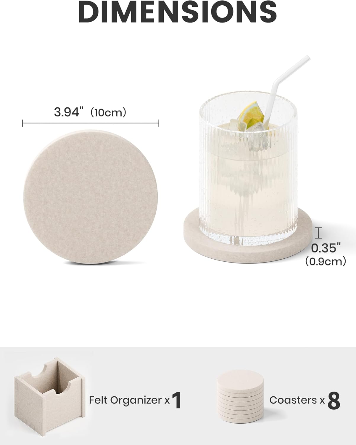 Fluxynara Felt Coasters for Drinks, Set of 8 Absorbent Coasters with Holder, Heat-Resistant & Reusable Round Design for Coffee Table & Living Room, 3.92 Inch, Oatmeal