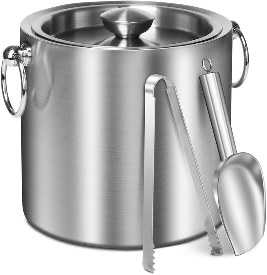 Ice Bucket with Lid & Tong- Well Made Insulated Stainless Steel Keep Ice Frozen Longer - Ideal for Cocktail Bar, Parties, Chilling Wine, Champagne - 3 Liter (Stainless Steel) - Sliver