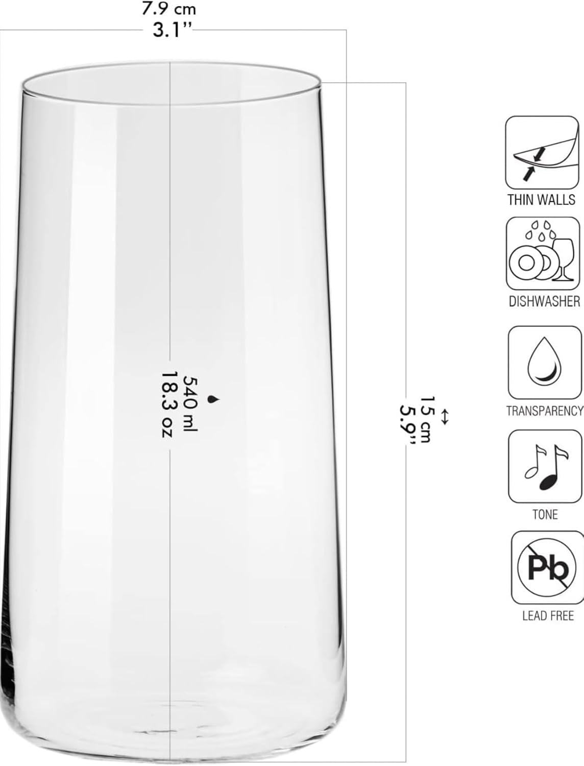 Krosno Tall Water Glasses, Set of 6, 18.3 oz, Avant-Garde Collection, Lightweight Crystal Glass, Perfect for Everyday, Dishwasher Safe, Made in Europe