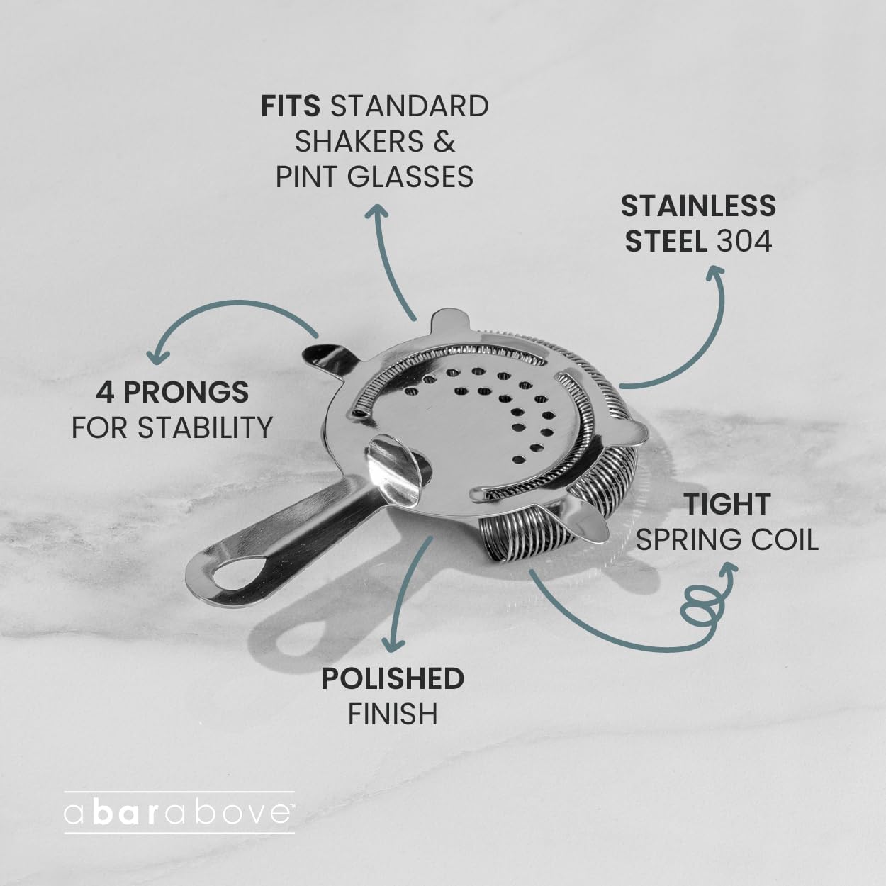 A Bar Above Cocktail Strainer, 4-Prong Bar Strainer with High Density Spring for Smooth Pouring, Fits Boston Shaker Tins and Mixing Glasses, Bar Essentials for Home Bartenders and Pros, Black Finish
