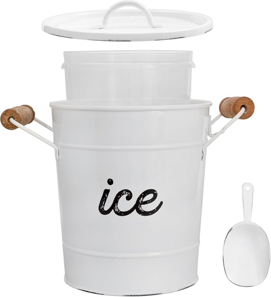 AuldHome Design Rustic Enamelware Ice Bucket; White Farmhouse Style Insulated Ice Server