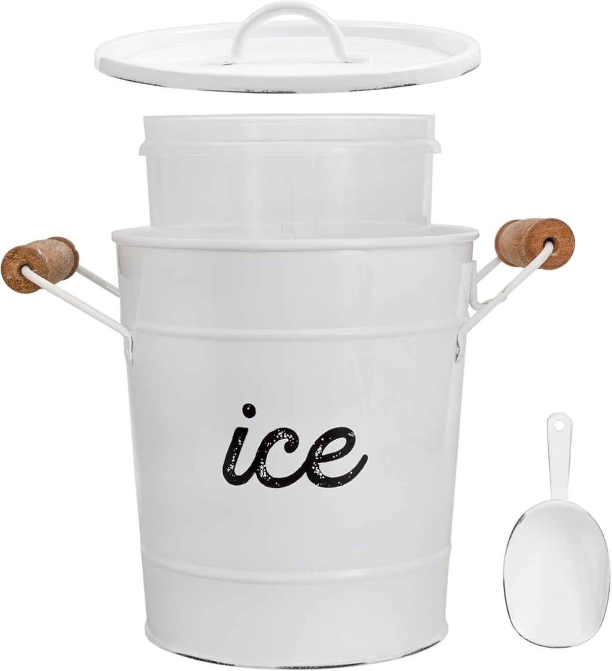AuldHome Design Rustic Enamelware Ice Bucket; White Farmhouse Style Insulated Ice Server - White
