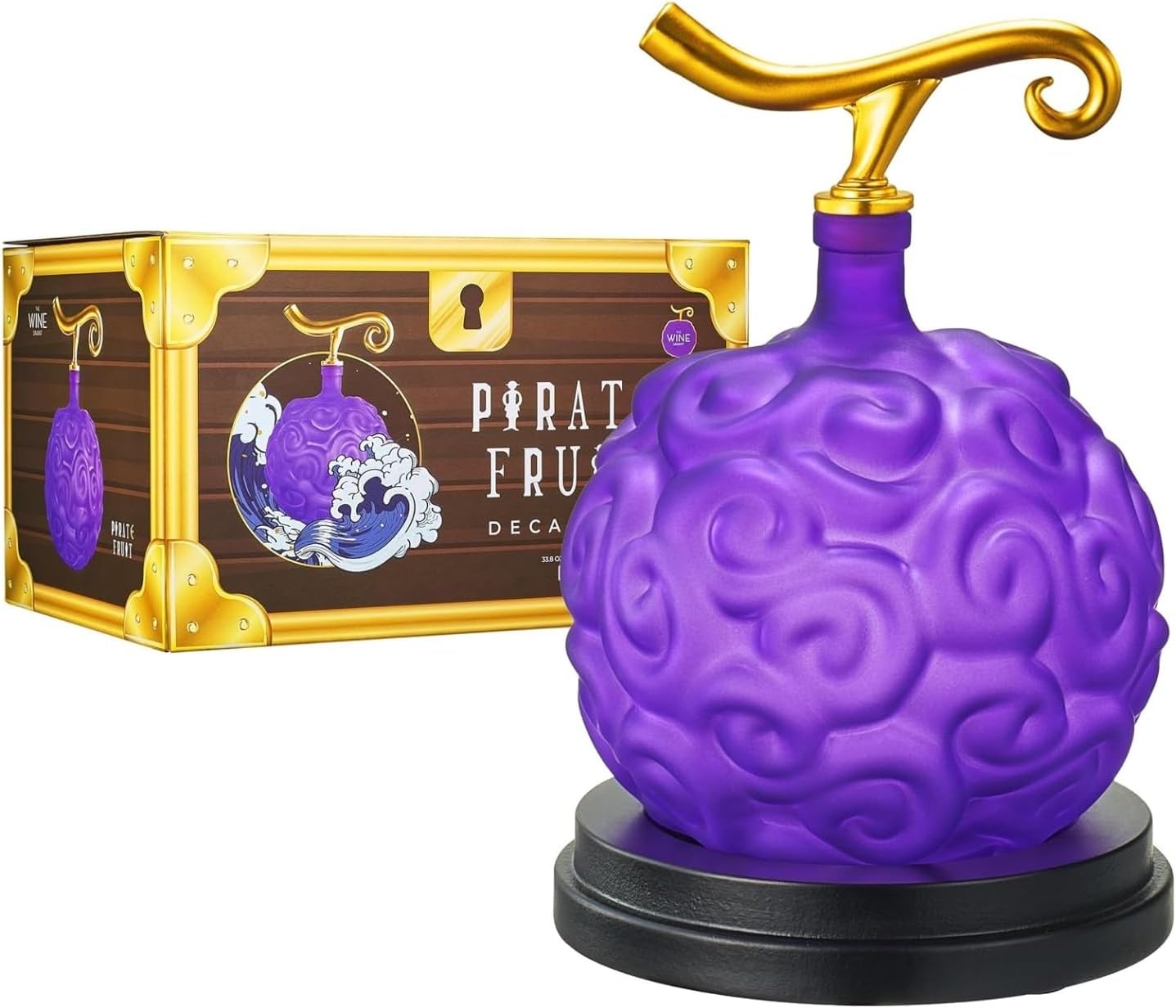 Anime Devil Fruit Decanter – Handcrafted Crystal Liquor Bottle, Mahogany Base | Home Bar Collectible Display | 34oz | Purple & Gold Fantasy Inspired Design, Whiskey Decanter Gifts Sets for Men
